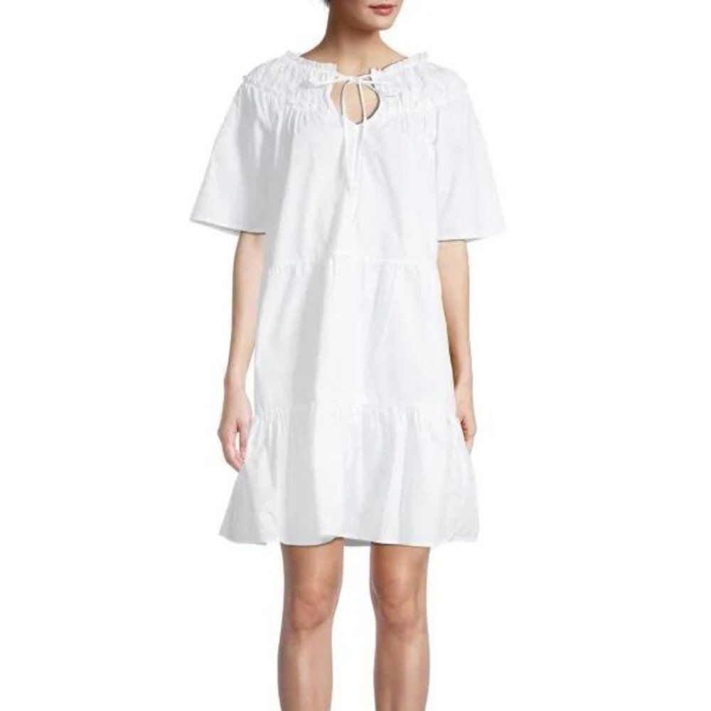 Kensie Women's White Ruffle Tie-Front Tiered Short Sleeves Shirt Dress Size 10